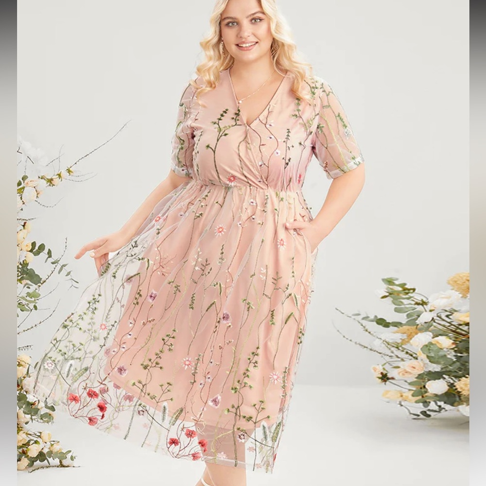 Floral Embroidered Pocket Mesh Elastic Waist Surplice Neck Dress